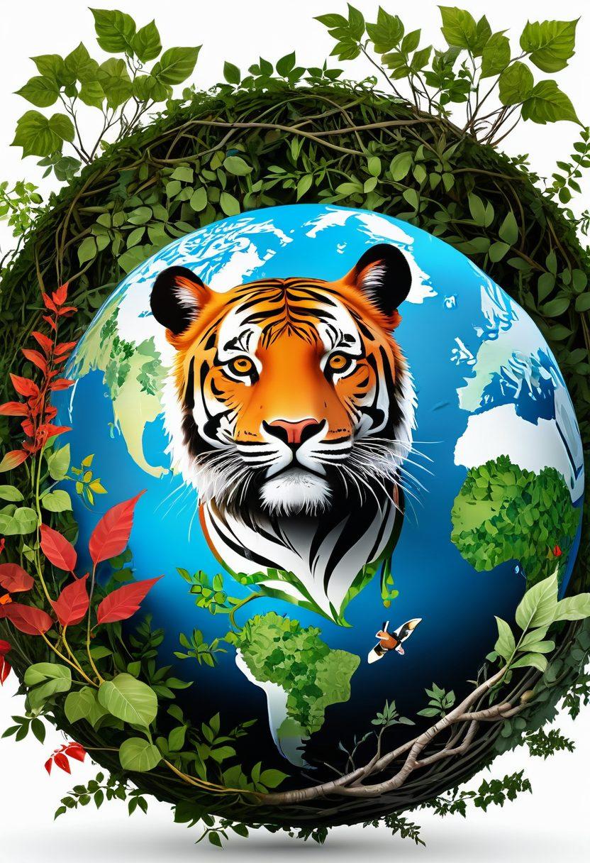 A globe wrapped in a protective layer made of vines and leaves, symbolizing nature's embrace and protection. Highlight various endangered species such as tigers, pandas, and whales integrating around the globe. Include the IUCN Red List logo subtly in the background. super-realistic. vibrant colors. white background.