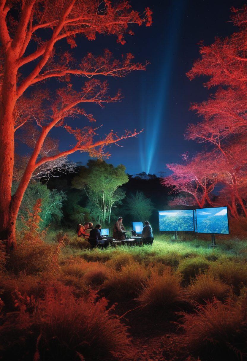 A diverse range of endangered species gathered around a digital representation of the IUCN Red List, with highlighted sections for Vulnerable, Endangered, and Critically Endangered. In the background, conservationists are seen actively working in different habitats like forests, oceans, and savannas. Infuse a sense of hope and urgency through dynamic lighting and vivid colors. painting. vibrant colors.