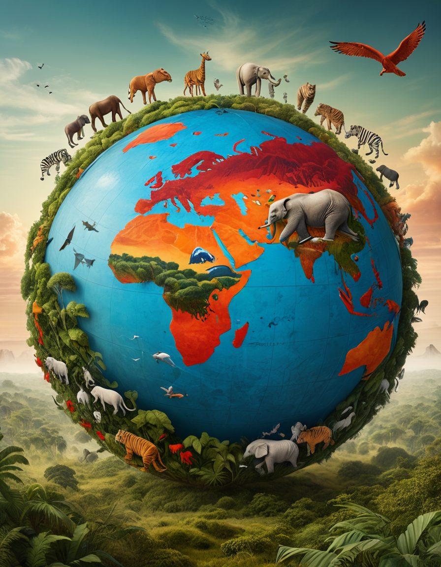 A globe composed of various endangered animals such as tigers, elephants, and birds, circling around it; in the background, lush habitats like forests, savannas, and oceans. A faded IUCN Red List logo in one corner. Vibrant colors. super-realistic.